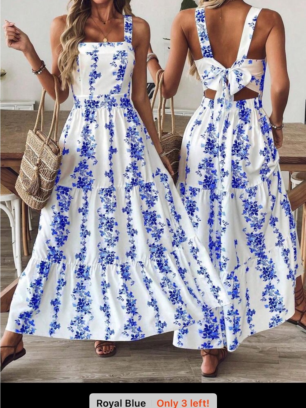 Sleeveless White Maxi Dress with Blue Floral Print